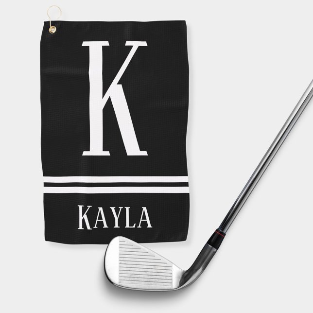 Black & White Striped Monogram Name Golf Towel (Creator Uploaded)
