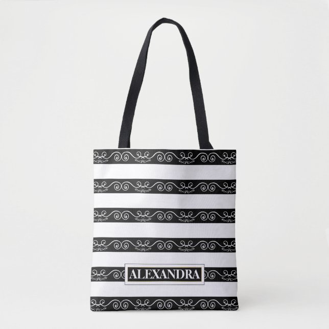 Black White striped Monogram Tote Bag (Front)