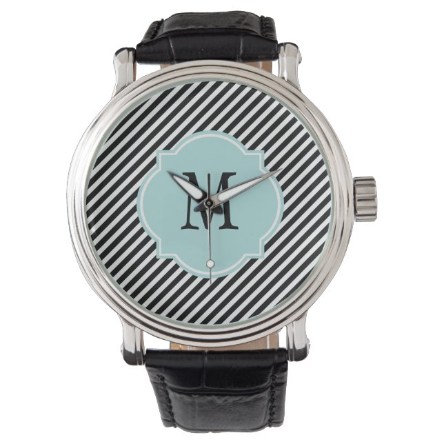 Black & White Striped Monogram Watch (Front)