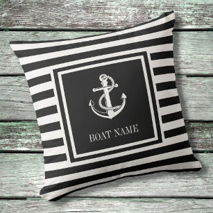 Black White Striped Nautical Anchor Boat Name Cushion