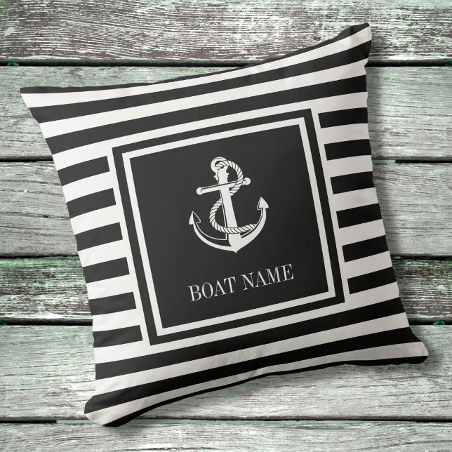 Black White Striped Nautical Anchor Boat Name Cushion (Creator Uploaded)