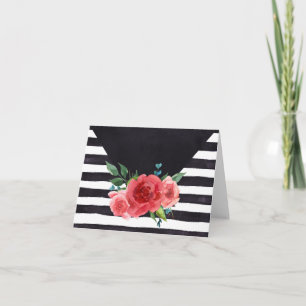 Black & White Striped Note Card with Pink Flowers