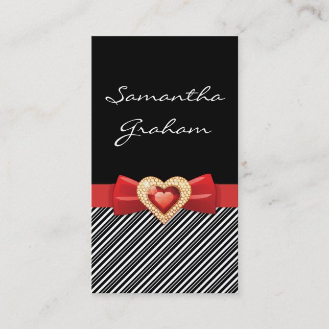 Black white striped pattern with red bow and jewel business card (Front)