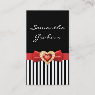Black white striped pattern with red bow and jewel business card