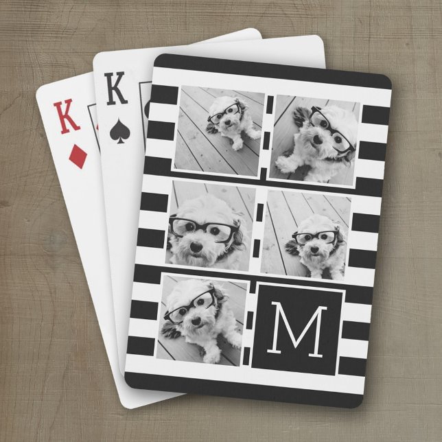 Black White Striped Photo Collage Custom Monogram Playing Cards (Personalized playing cards with photos and custom text)