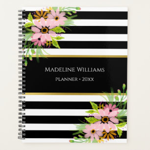 Black White Striped Pink Floral Gold 2025 Planner