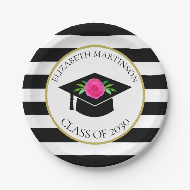 Black White Striped Pink Floral Graduation Party Paper Plate (Front)