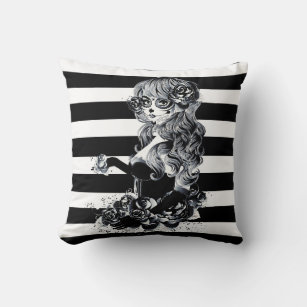 Black & White Striped Pretty Sugar Skull Girl Cushion
