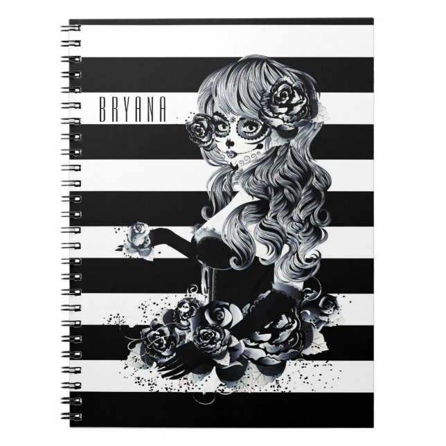 Black & White Striped Pretty Sugar Skull Girl Notebook (Front)