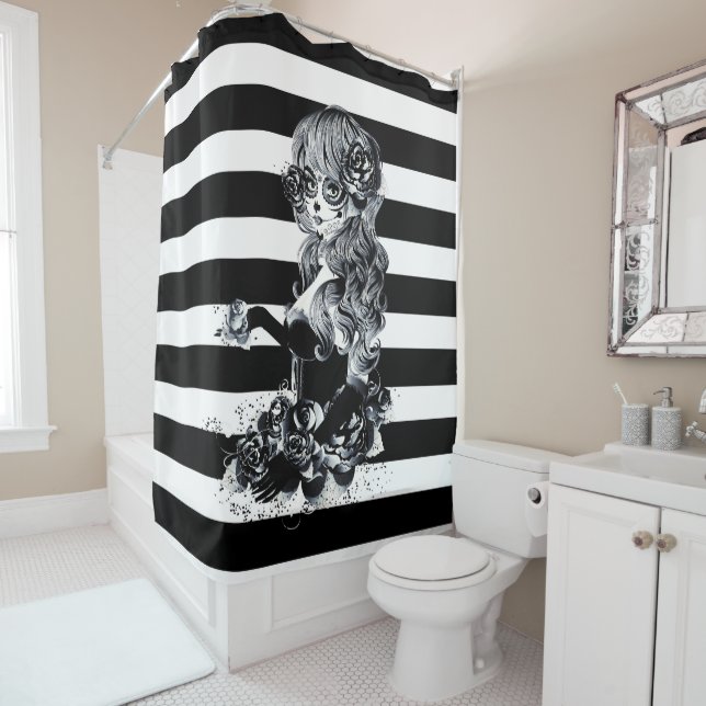 Black & White Striped Pretty Sugar Skull Girl Shower Curtain (In Situ)