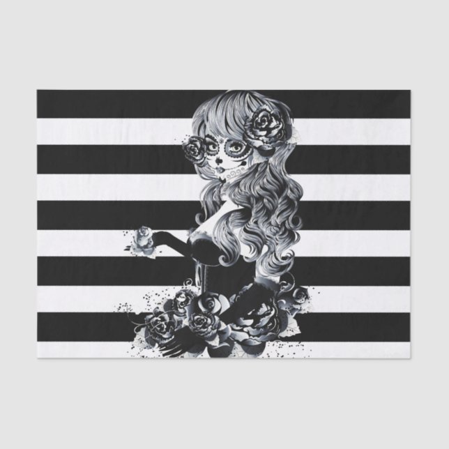 Black & White Striped Pretty Sugar Skull Girl Tissue Paper (Front)