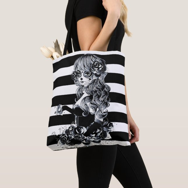 Black & White Striped Pretty Sugar Skull Girl Tote Bag (Close Up)