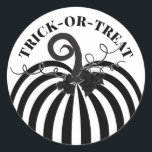 Black White Striped Pumpkin & Bats Halloween Party Classic Round Sticker<br><div class="desc">customise with any text.</div>