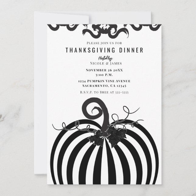 Black White Striped Pumpkin Thanksgiving Dinner Invitation (Front)