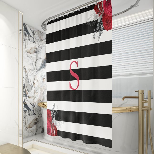 Black White Striped Red Silver Floral Monogram Shower Curtain (Creator Uploaded)
