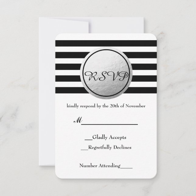 Black & White Striped Silver Foil Circle RSVP Card (Front)