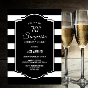 Black White Striped Surprise 70th Birthday Dinner Invitation