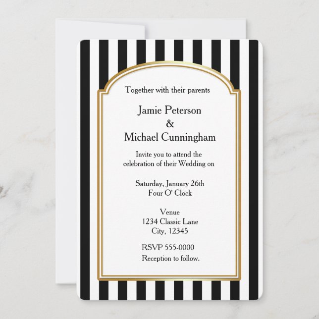 Black White Striped Vertical Wedding Invitation (Front)