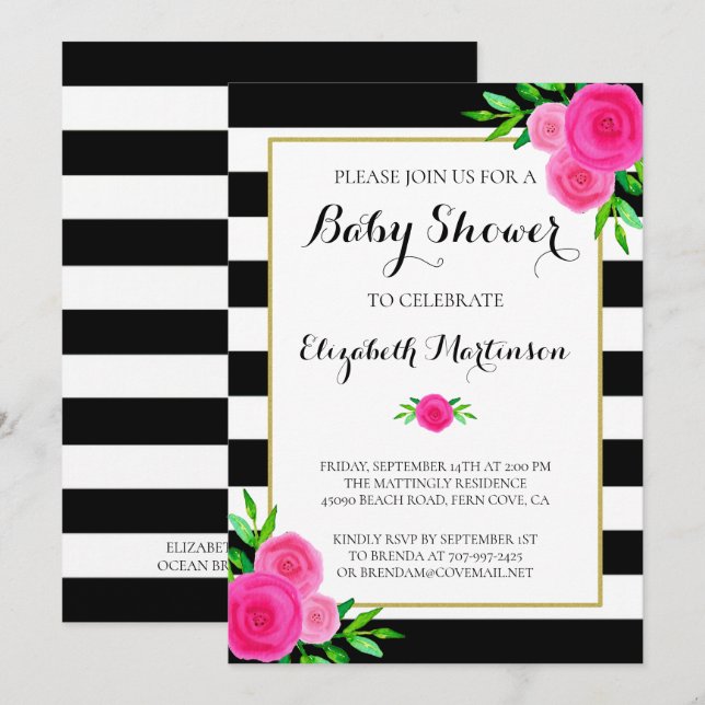 Black White Striped Watercolor Floral Baby Shower Invitation (Front/Back)