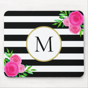 Black White Striped Watercolor Floral Monogram Mouse Pad