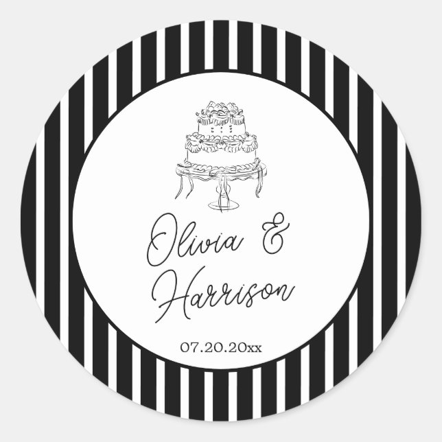 Black White Striped Wedding Classic Round Sticker (Front)