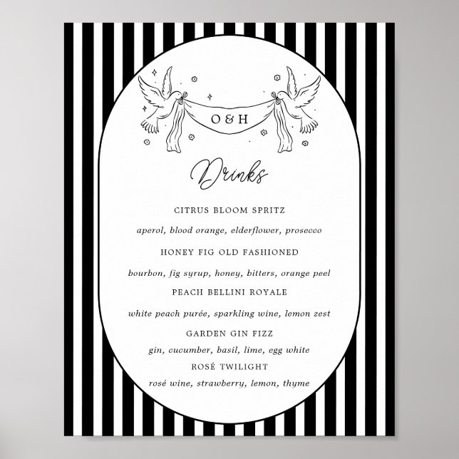 Black White Striped Whimsical Bar Menu Sign (Front)