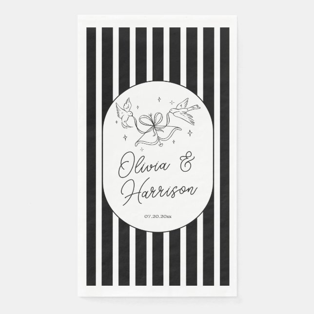 Black White Striped Whimsical Wedding Napkin (Front)