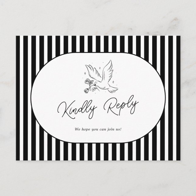 Black White Striped Whimsical Wedding RSVP Postcard (Front)