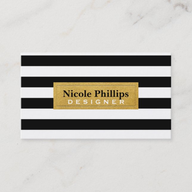 Black & White Striped with Gold Chic Business Card (Front)