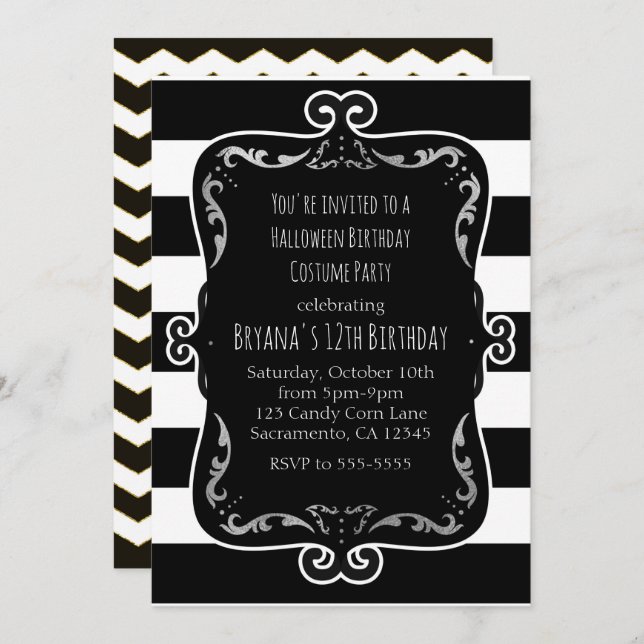 Black & White Striped with Silver Whimsical Party Invitation (Front/Back)