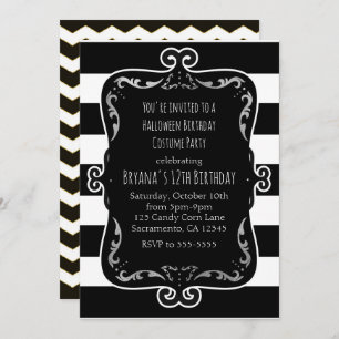 Black & White Striped with Silver Whimsical Party Invitation