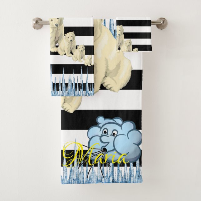 Black & White StripePolar Bear Bathroom Towel Sets (Insitu)