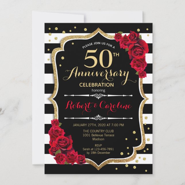 Black White Stripes 50th Anniversary Invitation (Front)