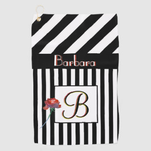 Black White Stripes a Rose 3 Colour Monogram  Golf Towel