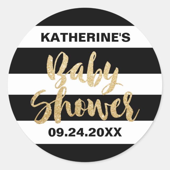 Black White Stripes and Gold Text Baby Shower Classic Round Sticker (Front)