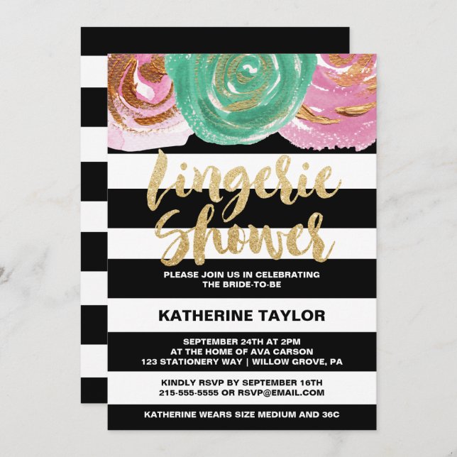 Black White Stripes and Gold Text Lingerie Shower Invitation (Front/Back)