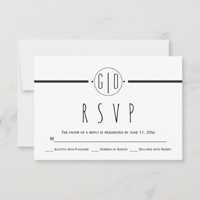 Black white stripes and monogram wedding RSVP (Front)