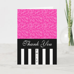 Black White Stripes And Pink Glitter- Thank You Card