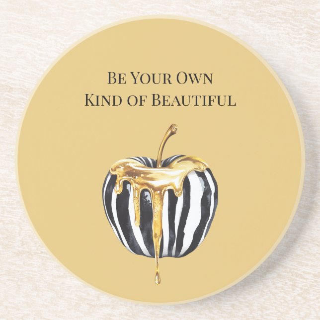 Black White Stripes Apple Gold Drips Coaster (Front)