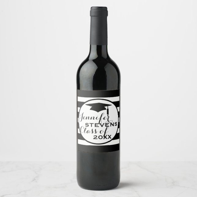 Black White Stripes Black Cap- Graduations Wine Label (Front)