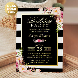 Black White Stripes Blush Floral Birthday Party