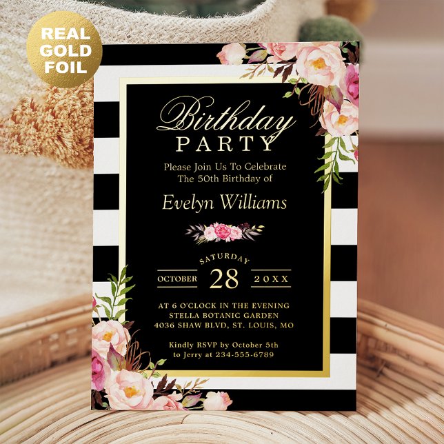 Black White Stripes Blush Floral Birthday Party (Creator Uploaded)