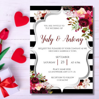 Black White Stripes Burgundy Floral Modern Invitation