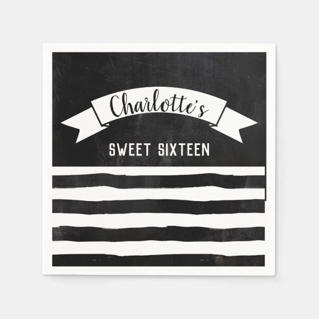 Black & White Stripes Chalkboard Modern Sweet 16 Napkin (Front)