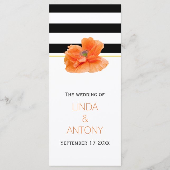 Black white stripes, coral poppy wedding program programme (Front)