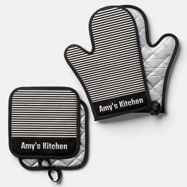 Black White Stripes Design Oven Mitt & Pot Holder Set (Front/Back)