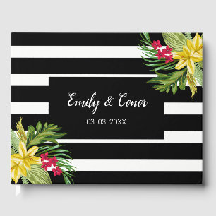 Black White Stripes Exotic Flowers Guest Book