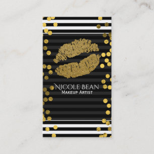 Black & White Stripes Faux Gold Lips Beauty Business Card