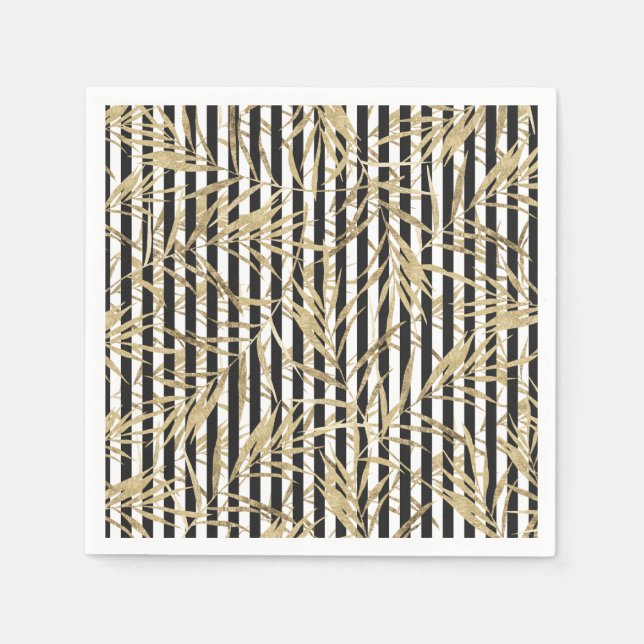Black white stripes faux gold tropical leaves napk napkin (Front)