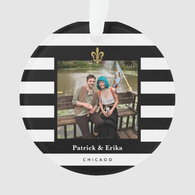 Black & White Stripes Fleur de Lis Photo Ornament (Front)